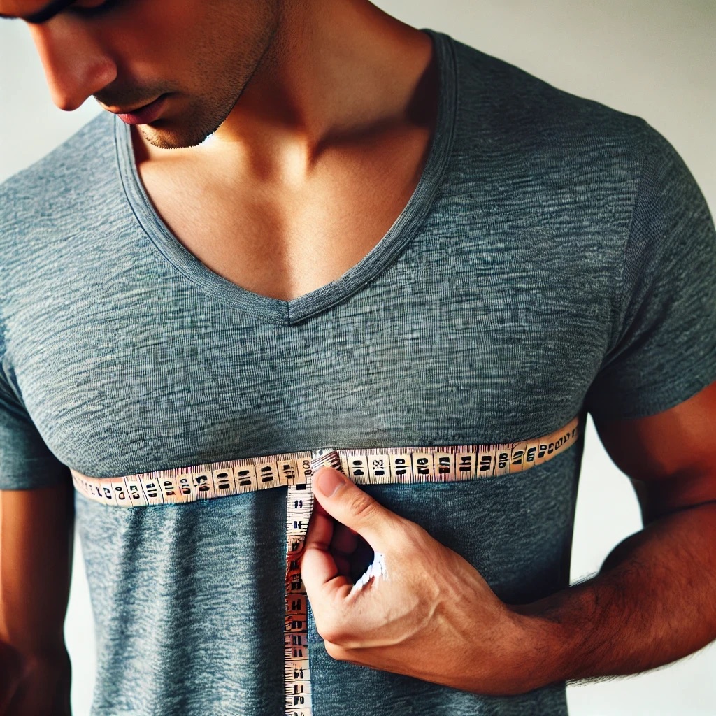 DALL·E 2024-09-08 19.17.25 - A man measuring his chest circumference with a tailors measuring tape. The tape is positioned under his arms, going around his back and across his ch